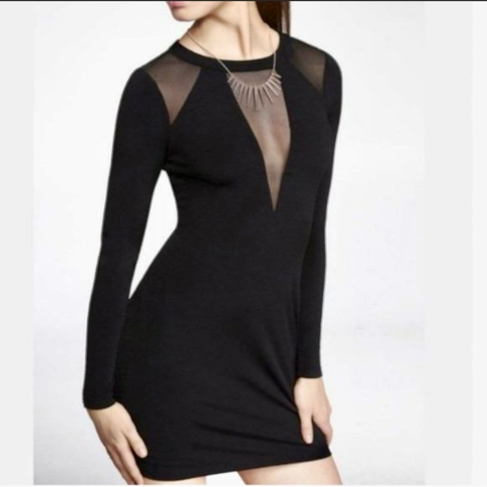 Express Black Mini Dress Deep V-Neck Sheer Mesh Long Sleeve  M